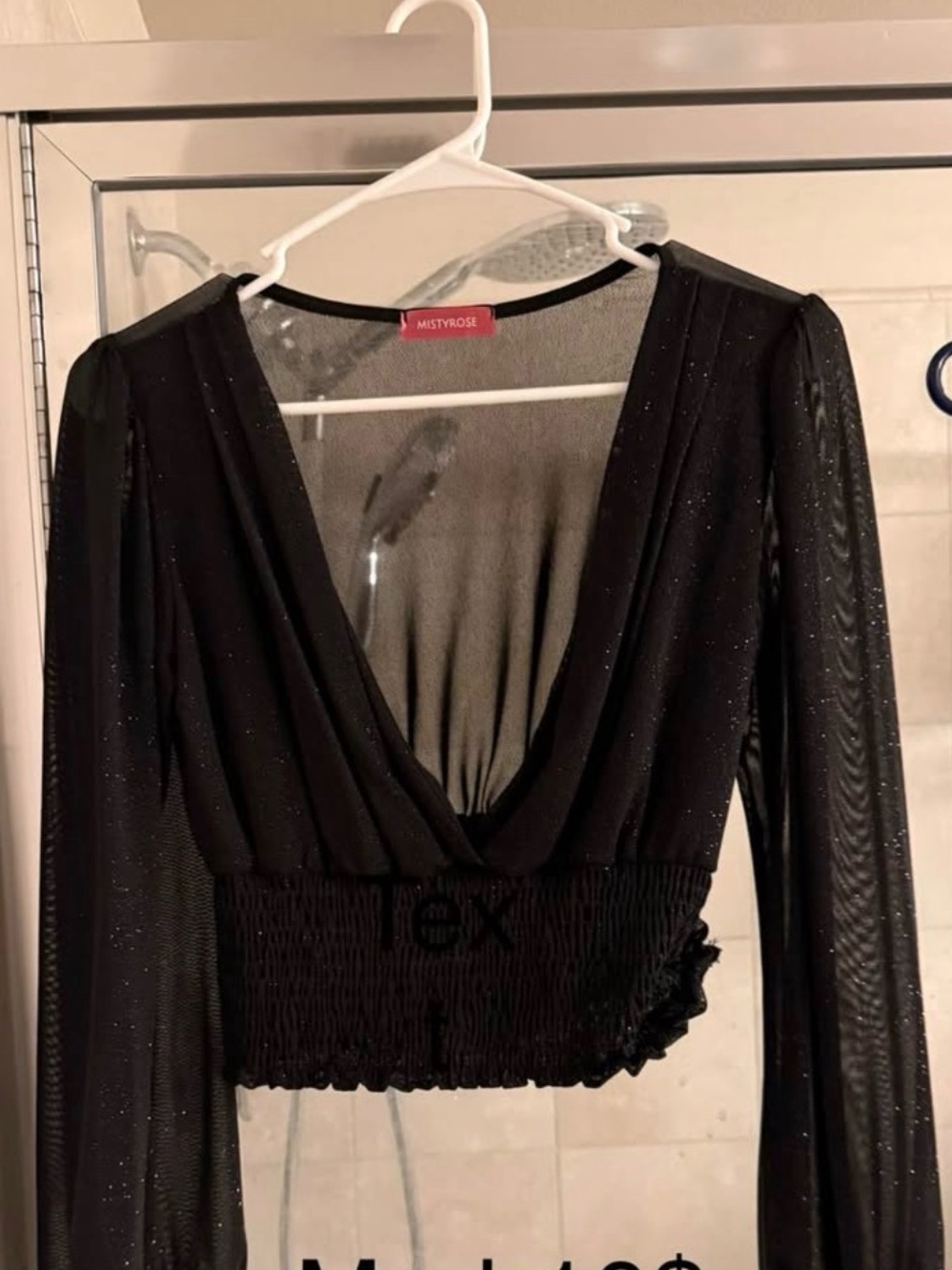 Mistyrose Black Long-Sleeve Shimmer Wrap Crop Top